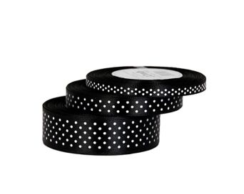 WSTĄŻKA SATYNOWA W KROPKI 25MM/22MB CZARNA 900