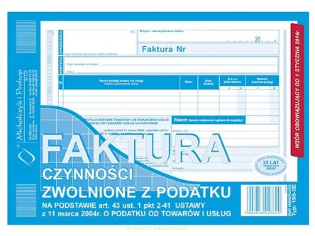 FAKTURA CZYNNOŚCI ZWOLNIONYCH Z PODATKU A5 198-3E